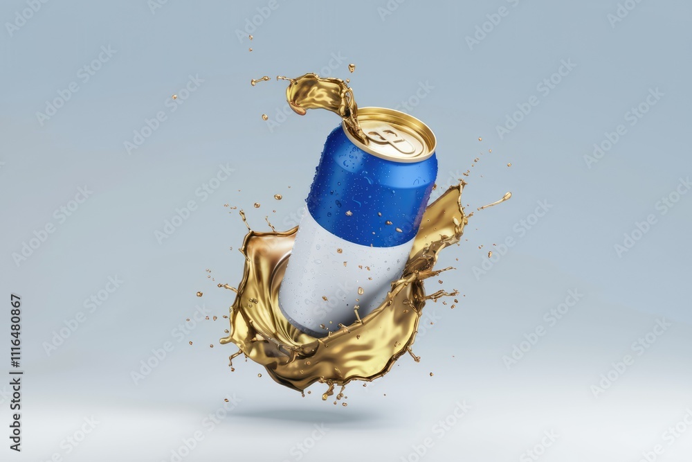 Poster A blue and white can emerges from a golden liquid splash  creating a dynamic and refreshing image.