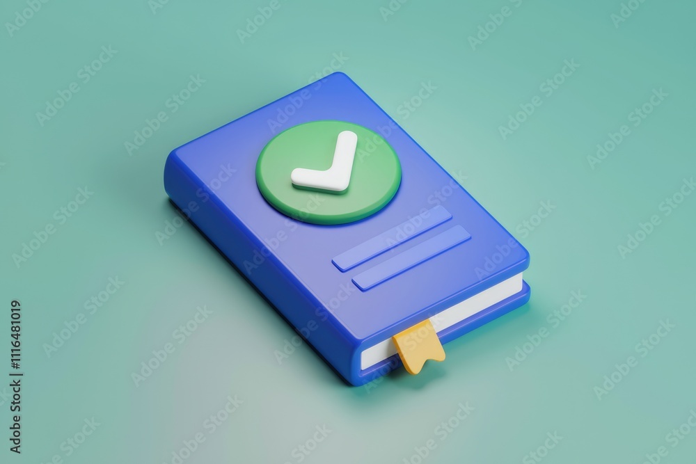 Poster A 3D rendered blue book with a green checkmark  signifying completion or verification.