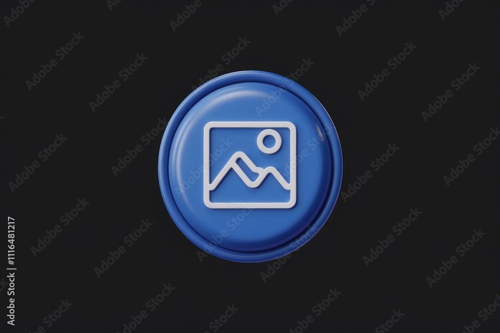 Poster A 3D rendered blue circular button featuring a white image icon  symbolizing picture or gallery.