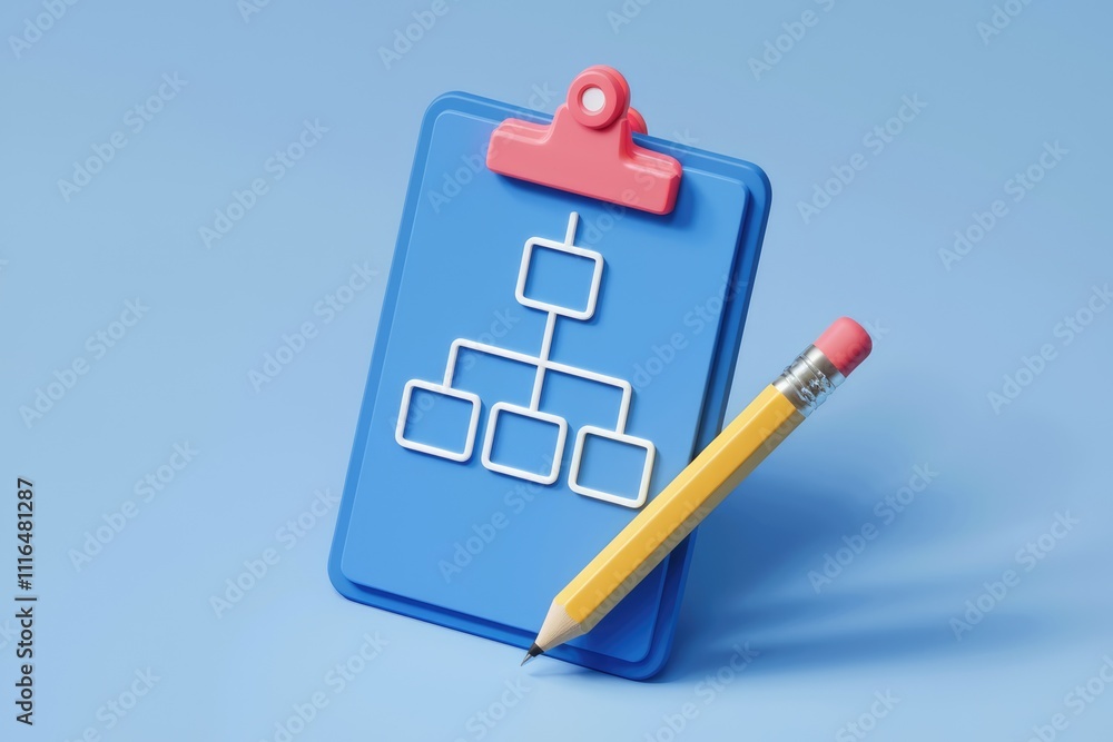 Poster 3d clipboard with organizational chart and pencil planning and structure