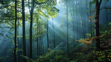 Obraz premium Nature Travel - Mystic Morning in Zurich Forest during Swiss Autumn