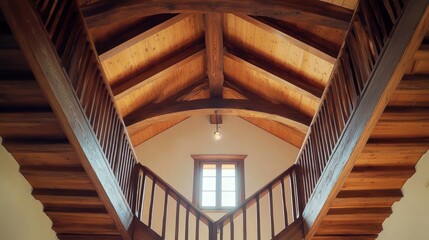 Obraz premium A wooden staircase with a vaulted ceiling and a central light fixture.