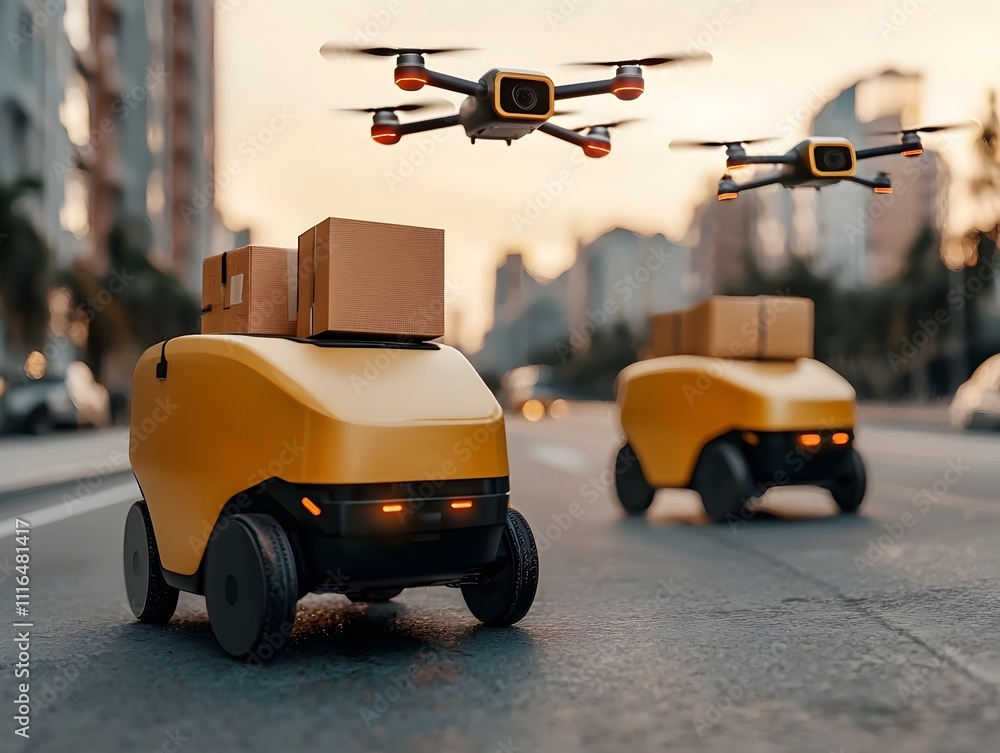 Poster autonomous delivery robots and aerial drone fleets transporting cargo and packages through a futuris
