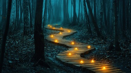 Obraz premium Mysterious journey through a haunted forest path with flickering lights guiding the way enigmatic atmosphere fantastical viewpoint unearthly concept for seo impact