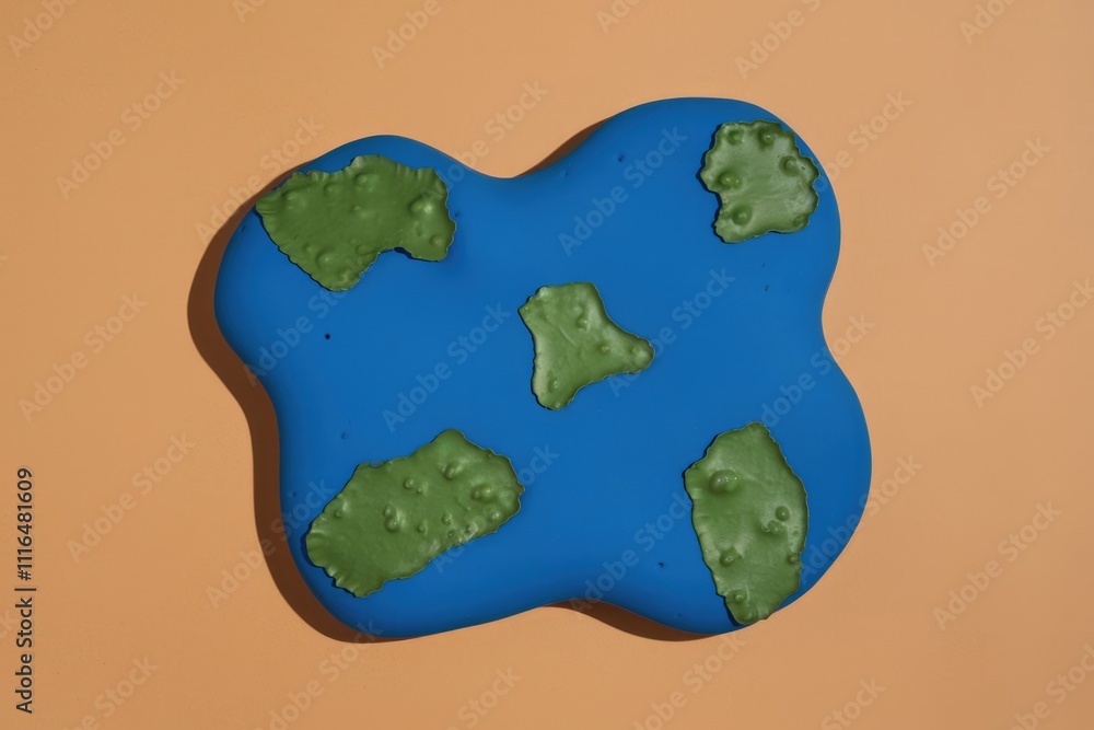 Poster abstract art depicting a blue blob with irregular green shapes resembling islands on a sea.