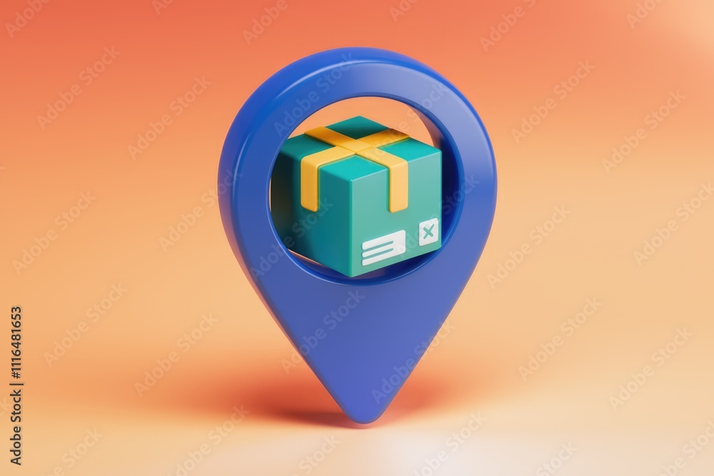 Poster 3D rendered image of a location pin with a package inside  indicating delivery tracking or location.