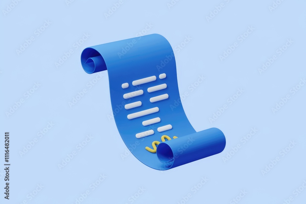Poster 3d blue scroll with white text and yellow signature.