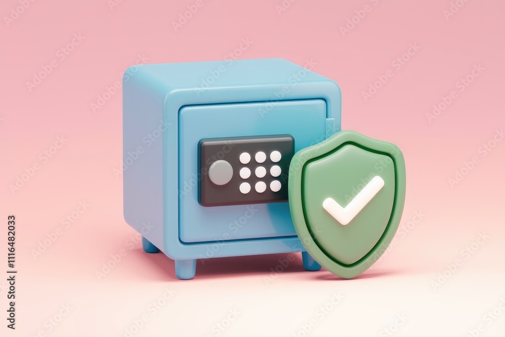 Poster A 3D rendering of a blue safe with a green checkmark shield  symbolizing secure data protection.