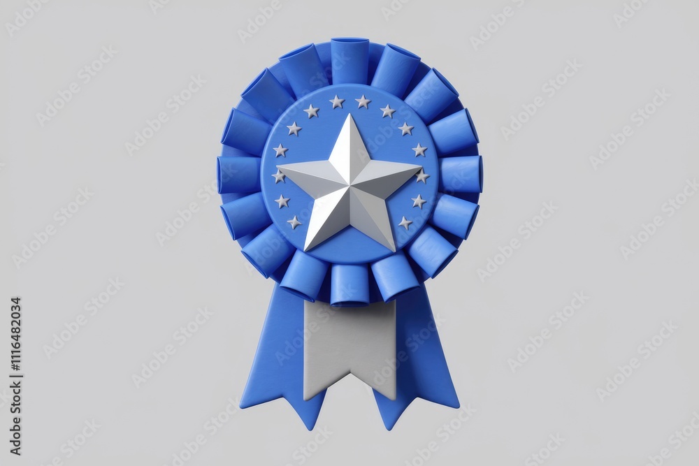 Poster a 3d render of a blue rosette award with a silver star symbolizing achievement and recognition.