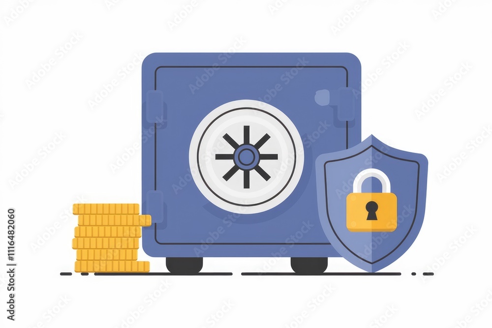 Poster a secure safe with a shield and coins symbolizing financial security and protection.