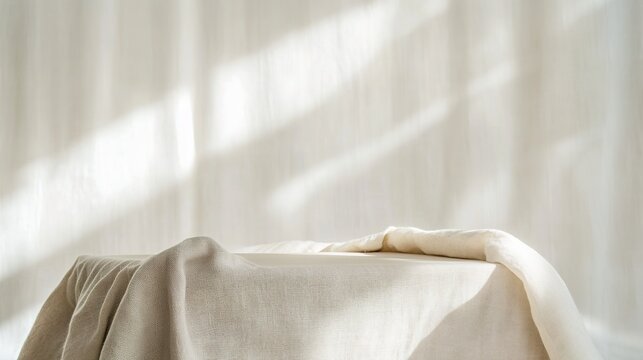 Calm beige fabric on chair, sheer curtains diffuse sunlight - Powered by Adobe