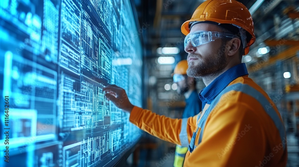 Poster engineers and architects collaborate using advanced bim software in a modern workspace