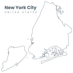 Urban map - New York City boundaries. Map of NYC, USA borders. Vector stroke version without streets.