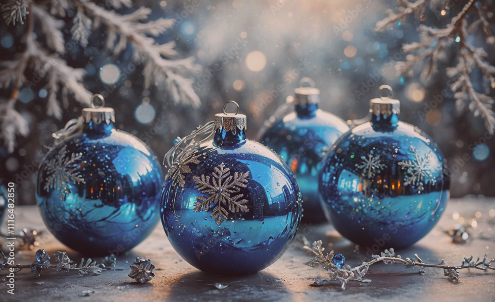 Poster four blue glass ornaments with snowflakes on them. they are on a table. there are also some branches