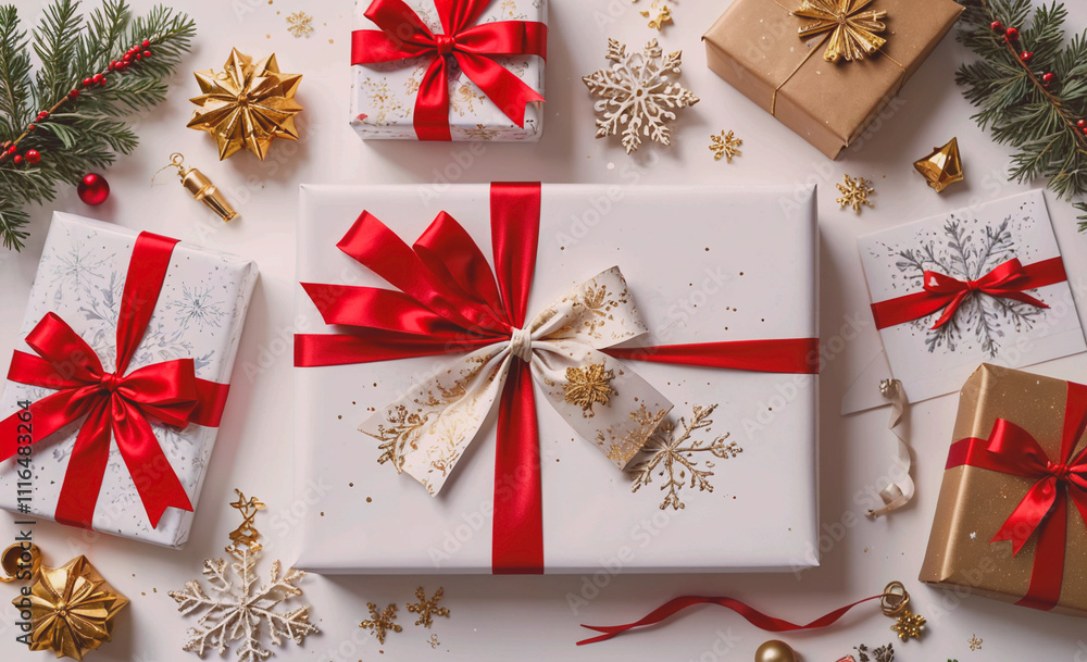 Poster White box with a red ribbon and a gold bow on top. There are other boxes with red ribbons and bows on top of them