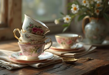 A stack of vintage teacups with pastel colors and floral patterns, set on a rustic wooden table. Surrounded by a linen napkin and soft natural light, this scene evokes warmth, nostalgia, and elegance.
