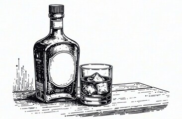 engraving illustration of small-batch whiskey bottle and glass with ice, placed on vintage wooden bar counter, cozy pub. detailed etching, elegant retro branding. menu design with retro aesthetic