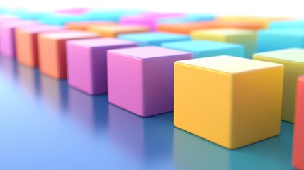 Fototapeta premium Colorful cubes in rows on a reflective surface.