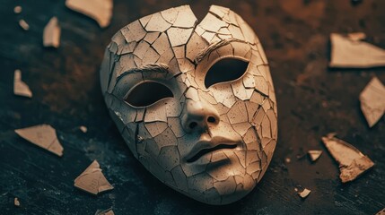 Shattered mask reveals emotions studio photography artistic close-up identity crisis