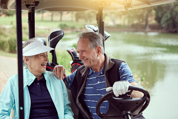 Couple, smile and golf cart for sports, game and recreation with weekend hobby, bonding and...