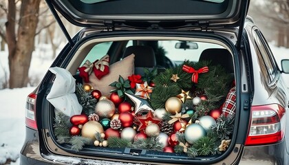 A car trunk filled with various Christmas decorations and ornaments, festive items. car trunk packed with holiday ornaments, Vintage Christmas Baubles created with geneative ai