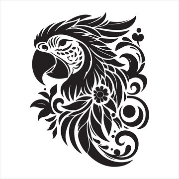 recommend clip art: The black and white outline of a parrot's engraving