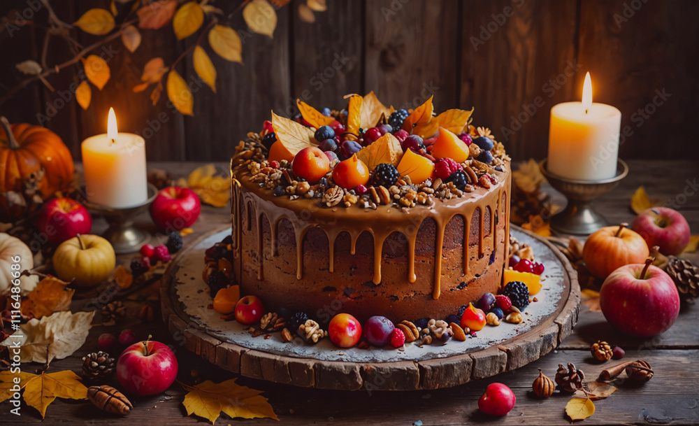 Poster Cake with fruit on top and candles on the table. There are apples and oranges on the table