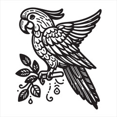 An illustration of a bird with a feathered tail that is black and white