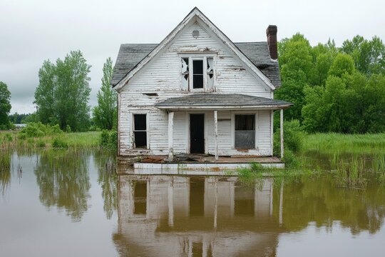 Abandoned House Partially Underwater with Broken Windows Surrounded by Rising Water Levels on a Gloomy Overcast Day with Dense Rain Clouds