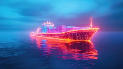 Fototapeta premium Container ship made of glowing neon lines, floating in a digital sea, representing technology-driven logistics