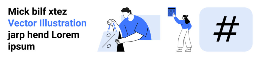 Obraz premium Characters with shopping bags and metadata tag symbol. Ideal for e-commerce, social media, marketing, retail, brand engagement, promotions, and customer interaction. Landing page