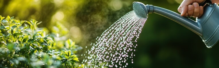Watering plants in a lush garden during sunny weather