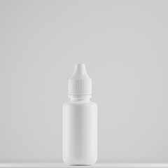  A blank white plastic bottle with a nozzle cap, suitable for eye drops, nasal spray, or other medical liquids. Clean and minimalist design on a gray backdrop, perfect for showcasing pharmaceutical.