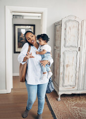 Woman, phone call and stress with baby in home, multitasking and busy with responsibility. Mother,...