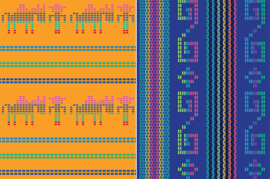 Vector de textil bordado mexicano,  burro y campesino bordado y grecas de colores, Patr&oacute;n en fondo amarillo y azul 