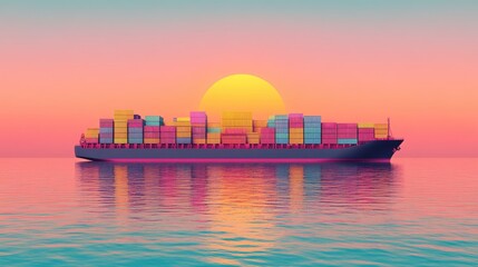 Naklejka premium Massive container ship with vibrant cargo containers stacked symmetrically, floating in a serene ocean at sunset, maritime logistics concept