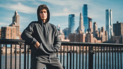 A man wearing a casual athleisure outfit stands confidently by a railing overlooking a vibrant urban skyline. The sun shines brightly, highlighting the cityscape behind him