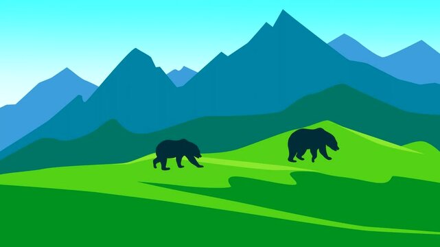 Beautiful landscape with mountains and walking bears (animation, seamless loop)