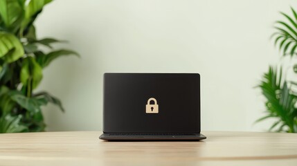 Modern Black Laptop with Lock Icon on Smooth Wooden Table Surrounded by Lush Green Plants in Bright, Minimalist Workspace Setting