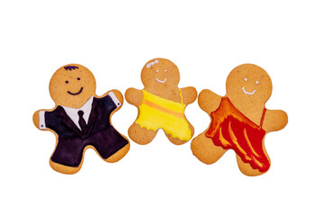 Family of gingerbread men on a isolated background. Ginger cookies. Symbol Family day, food concept.