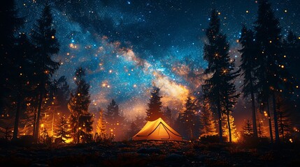 Fototapeta premium A glowing tent amidst a forest under a breathtaking starry sky and Milky Way, with warm sunset tones in the background. 