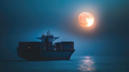 Fototapeta premium Minimalist container ship silhouette against a full moon, symbolizing global connectivity and mystery