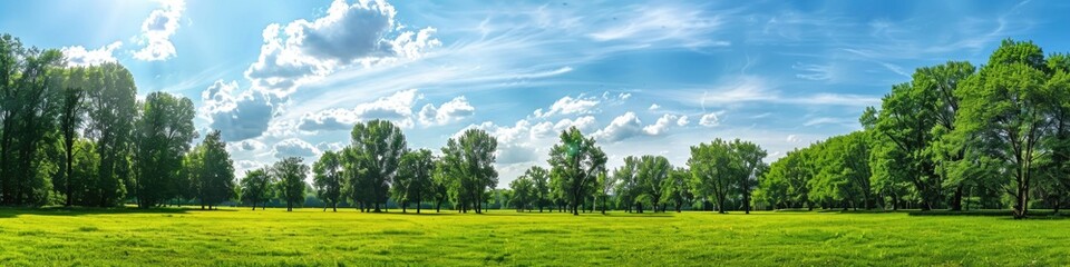 Obraz premium Sky And Trees. Summer Park Scenery with Green Meadow and Lush Trees