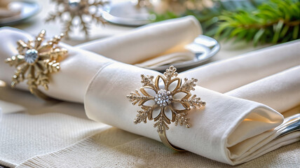 Elegant white napkin with golden snowflake ring