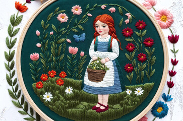 Embroidery fancywork needlework handmade cute girl with a basket in her hands in a garden with blooming flowers plants spring summer vintage beautiful aesthetic pattern art textile illustration design