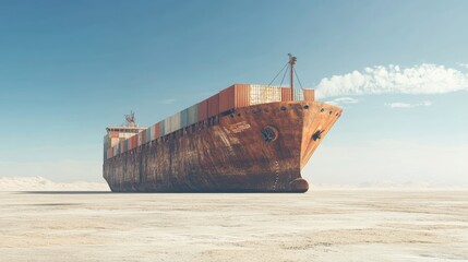 Fototapeta premium Rusty, abandoned container ship stuck in a desolate desert, illustrating a forgotten trade era