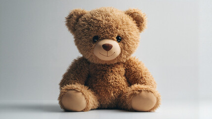 Obraz premium A fluffy teddy bear with a friendly face sits quietly, bathed in soft light