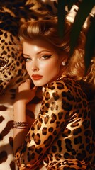A Woman in Leopard Print Bodysuit Posing Nearby, Abstract Image, Texture, Pattern Background, Wallpaper, Cover and Screen of Smartphone, PC, Laptop, 9:16 and 16:9 Format