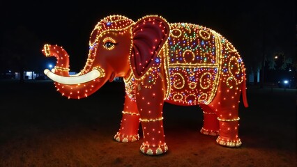 Obraz premium Colorful illuminated elephant statue adorned with festive lights in a night festival setting