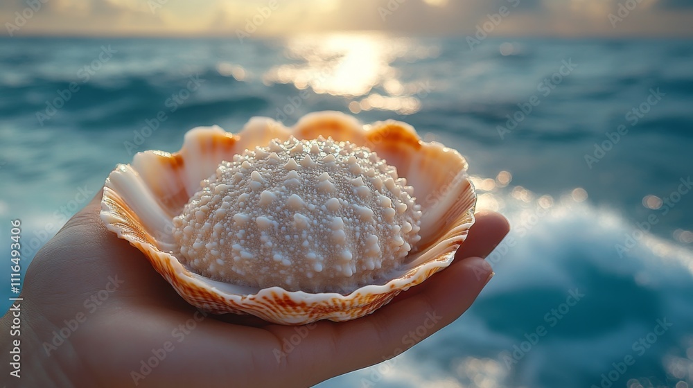 Poster a hand gently cradles a stunning shell marked by detailed textures, as waves crash in the background